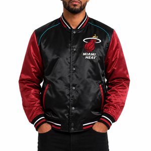 Veste de baseball en satin noir, couleur de l'équipe de basket de Miami, broderie personnalisée, vêtements d'équipe sportive, fabricant en gros - Product Image 2