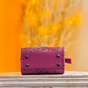 Women's Travel Accessories Pink Color Genuine Leather Mini Speedy Duffle <b>Bag</b> With Tooling Florals Carved Stone <b>Studded</b> In Middle - Product Image 4