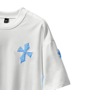 Short Sleeve Crew Neck Front Jersey <b>T</b>-<b>Shirt</b> Blue Cross Applique Relaxed Fit Streetwear Casual Graphic 240g Wholesale Apparel - Product Image 3