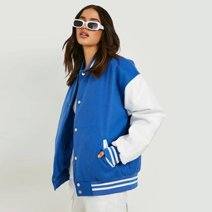 Veste universitaire bleue pour femme, manches longues, col boutonné contrastant, tenue d'automne, longueur normale, motif uni, tissu tissé - Product Image 2
