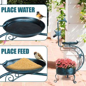 36-Inch Vintage Metal Garden Bird Bath with Solar Lamp Flower Planter Pedestal Outdoor Standing Bird Feeder Solar Garden Lights - Product Image 6