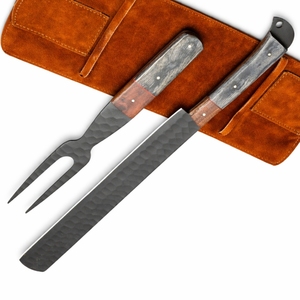 Ensemble de couteau et fourchette à brisket en acier inoxydable forgé de qualité supérieure, avec étui en cuir, accessoires de barbecue, cadeau pour les maîtres du barbecue, kit de découpe, pour chef grill - Product Image 1