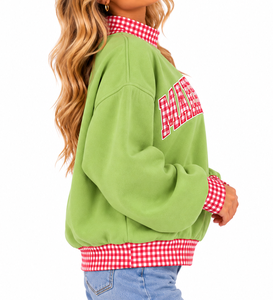 Custom <b>Women's</b> <b>Christmas</b> <b>Sweatshirt</b> Oversized Mock Neck Pullover Red Gingham Plaid Trim Embroidered Letter Casual Winter - Product Image 2