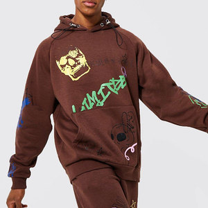 HILTON ENTERPRISES Men's <b>Brown</b> Hooded 100% Cotton Tracksuit Set Skulls Stars Print Winter Streetwear Style Full Length - Product Image 5
