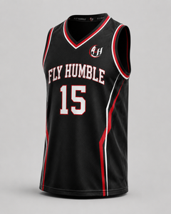 Maillot de basket-ball pour homme FLY HUMBLE, noir, rouge, blanc, 100% polyester, sangle réglable, taille plus, séchage rapide, coupe régulière, adulte, toutes tailles - Product Image 5