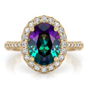 Anillo de Oro Sólido de 9K con Alejandrita de Laboratorio y Diamantes Redondos Cultivados en Laboratorio, Anillo de Joyería Fina de Tres Piedras con Alejandrita Ovalada para Mujer - Product Image 4