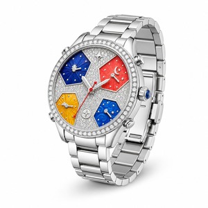 Montre de luxe unisexe avec bracelet en acier inoxydable serti de diamants, cadran analogique, verre saphir, boîtier rond de 44 mm, fermoir déployant - Product Image 4