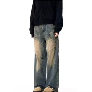 Vaqueros casuales de calle para hombre, multibolsillos, estilo cargo, denim de lavado oscuro, holgados, vintage, estilo motero, paneles, pierna ancha, efecto desgastado, tela para hombre - Product Image 5