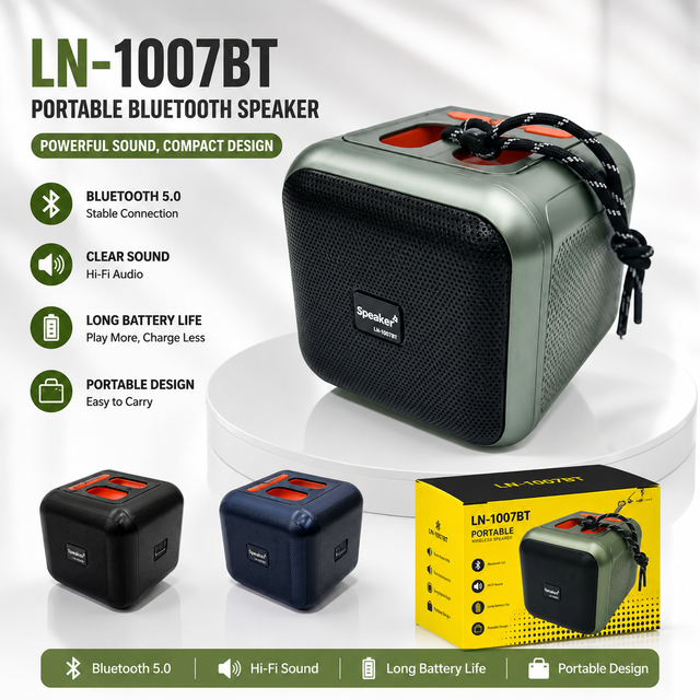 LN-1007BT Portable Speaker with Telescopic Antenna FM Radio Mini Wireless Cube Soundbox 5W Loud Audio Wholesale