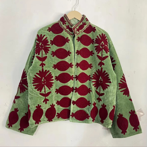 Handmade Green Red <b>Velvet</b> Boho Jacket <b>Women</b> Embroidered Ethnic Short <b>Coat</b> Stand Collar Winter Autumn Wear - Product Image 1