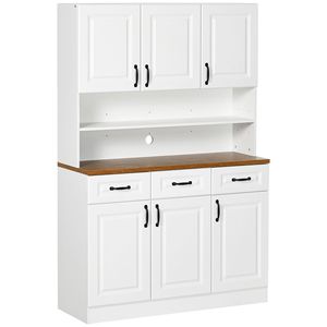 Credenza Bianca Autoportante da 180 cm con Vetrina, 6 Ante, 3 Cassetti e Piano d'Appoggio a 2 Livelli, Mobile da Cucina per Sala da Pranzo in Stile Rustico - Product Image 1