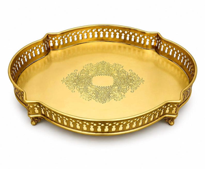 Luxury Gold Brass <b>Round</b> Decorative <b>Tray</b> with Intricate Floral Engraving Ornate Openwork Border Raised Feet and Elegant - Product Image 2