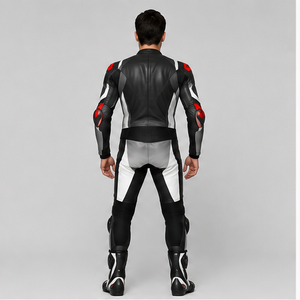 Combinaison de moto pour homme en cuir PU noir et blanc, à capuche, séchage rapide, respirante, coupe ajustée, coupe-vent, col rond, color block, streetwear - Product Image 2