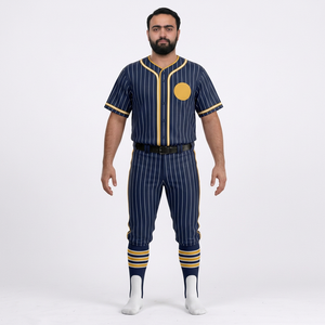 Ensemble de vêtements de baseball pour hommes, pantalon en jersey uni bleu marine, manches courtes, col en V, fermeture à boutons, respirant, antibactérien, 100% polyester - Product Image 1