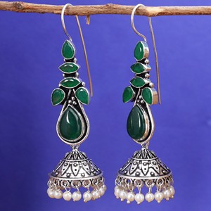 Factory Direct Green Stone <b>Oxidized</b> Silver Jhumka Earrings Handmade Ethnic Boho Pearl Drop Earrings for Women Wholesale Jewelry - Product Image 3