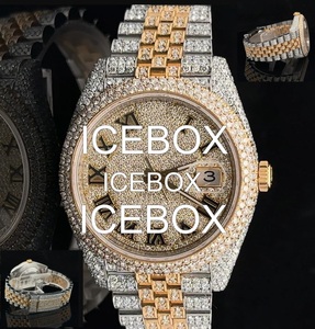 Montre-bracelet ronde en acier inoxydable avec cadran en verre, boîtier résistant à l'eau 10 bars, entièrement sertie de diamants Moissanite, fermoir bracelet - Product Image 2
