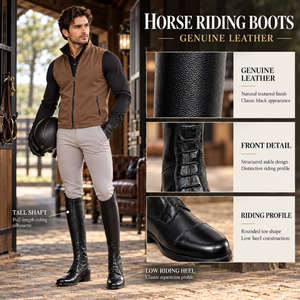 Lace Up Equestrian Tall Riding Boots Genuine Leather Low <b>Heel</b> | <b>Black</b> Horse Riding Footwear with <b>Rounded</b> <b>Toe</b> for Training Stable - Product Image 5