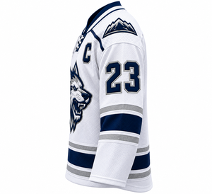 Camiseta de hockey sobre hielo blanca bordada para hombre, cuello en V, logotipo de lobo, equipo 23 C - Product Image 3