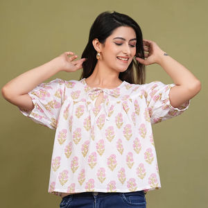 Écologique 100% coton haut verdâtre Floral main bloc imprimé Peplum Style chemisier court décontracté fête porter manches courtes lavable - Product Image 1