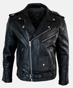 <b>Men's</b> Black Genuine <b>Leather</b> Motorcycle <b>Jacket</b> Turn-down Collar Zipper Closure Regular Sleeve Solid Color Autumn Style - Product Image 1