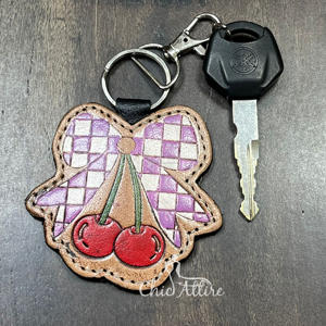 Handcrafted Hand Tooled Genuine Leather Cherry Bow Keychain Checkered Western Style Cute <b>Bag</b> <b>Charm</b> Durable Metal Ring Keychain - Product Image 1