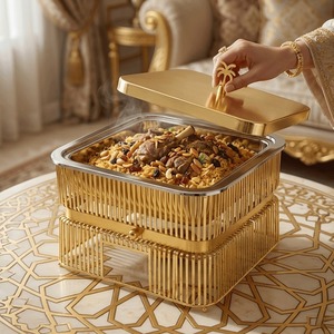Luxury Gold Stainless Steel Square Chafing Dish <b>Buffet</b> <b>Food</b> <b>Warmer</b> Set with Palm Tree Handle & Vertical Slat Stand for Catering - Product Image 5