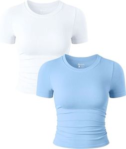 Haut court en maille marron pour femme, col rond, manches courtes, froncé élastique, décontracté, couleur unie, respirant, en Spandex/Coton - Product Image 4