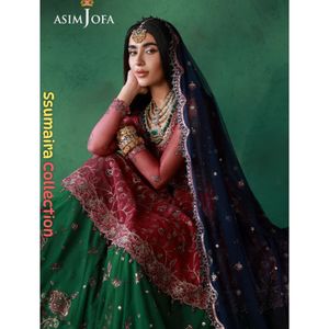 Ensemble Lehenga Asim Jofa SSUMAIRA, chemise style peplum aux couleurs vives et tonées comme des bijoux, en tulle brodé, tenue de soirée formelle 3 pièces, pour mariage, couleur royale - Product Image 2