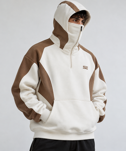 Cagoule d'hiver pour homme en coton épais 100 % avec poches, empiècements contrastants, écologique, streetwear urbain de luxe - Product Image 1