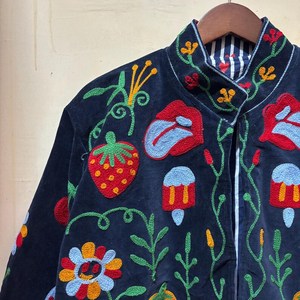 Chaqueta de Terciopelo Azul Oscuro con Bordado a Mano Estilo Vintage para Mujer, Cuello Mandarín, Mangas Largas, Abertura Frontal, Abrigo Casual de Invierno - Product Image 3