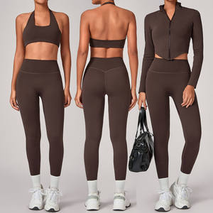 Hot Sale Halter Bra Zipper Jacket High Waist Leggings 3 Piece Women Workout Sets Sports Exercise Sets - Product Image 5