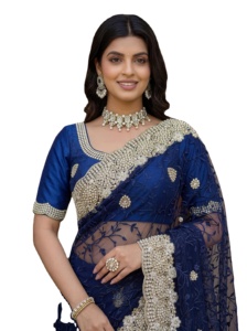 Blusa de Saree Azul con Bordado para Fiesta, Diseño Tradicional Indio para Mujer, con Bordado de Perlas y Diamantes - Product Image 3