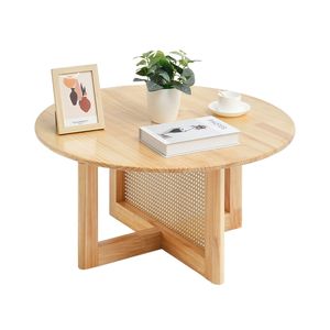 Tavolino da Caffè Moderno Boho Circolare con Contenitore, 33 Pollici, in Rattan Intrecciato e Legno con Piano in Gomma - Product Image 1