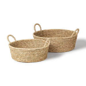 Set of 2 Handmade Seagrass Floor <b>Baskets</b> with Flat Handles Natural <b>Woven</b> Textured Storage KingCraftViet - Product Image 2