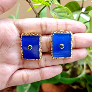 Chunky gemstone jewelry blue jade rectangle shape studs earring brass 18k <b>gold</b> plated texture collet <b>frame</b> stud pairs for women - Product Image 4