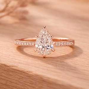 Bague de fiançailles et de mariage classique pour femme en or massif 10k 14k 18k, sertie de diamants de laboratoire taille poire et taille ronde, pureté E Clarity VVS - Product Image 3