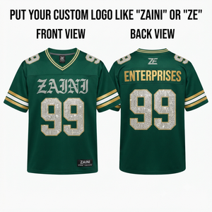 เสื้อเจอร์ซีย์อเมริกันฟุตบอลผู้ชายผ้าโพลีเอสเตอร์อินเตอร์ล็อคเมชพรีเมียม 220 GSM สีเขียวเข้มลายทางสีทองที่แขนเสื้อ  รับออกแบบโลโก้ตามสั่งแบบ OEM - Product Image 1