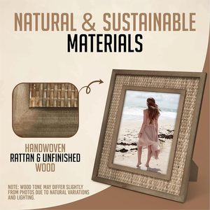 Rattan Picture Frame Photos | EACH UNIQUE Natural Fir Wood, Handwoven Rattan Mat, Boho Coastal Decor <b>Wall</b>/<b>Table</b> <b>Mount</b> - Product Image 4
