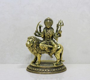 Statue de Durga en laiton moulée à la cire, faite à la main, sur cheval, déesse hindoue, idole décorative - Product Image 3