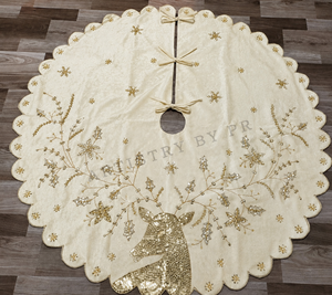 Hand-Beaded White Silver Holly Leaf Christmas Tree <b>Skirt</b> 48 Inch Premium Velvet Holiday Decor Wholesale Artistry By PR India - Product Image 2