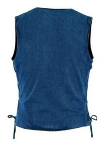 Chaleco de mezclilla azul para mujer, estilo motociclista, con cordones laterales y bolsillos ocultos para portar objetos. - Product Image 2