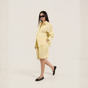 Conjunto de 2 Piezas para Mujer, Camisa de Manga Larga y Pantalones Cortos Bermuda, 100% Algodón Popelina, Transpirable, Sólido, Casual, con Botones, para Verano - Product Image 3