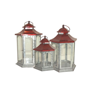 Hanging Red and Galvanized <b>Silver</b> Metal Hexagonal Candle <b>Lantern</b> Set Arch Window Trim Pagoda Roof Vent Ring Handle - Product Image 1