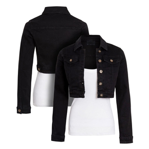 Women's Black <b>Cropped</b> <b>Denim</b> <b>Jacket</b> – Slim Fit Button Front Long Sleeve Casual Jean <b>Jacket</b> for Spring Fall Streetwear - Product Image 1