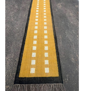 Geometric Mustard Yellow Wool Jute <b>Runner</b> Handmade Kilim Dhurrie Carpet Boho Long Hallway Entryway <b>Rug</b> with Black Border - Product Image 1