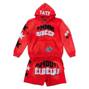New Sales Custom Logo <b>Red</b> Graphic Hoodies and Shorts Set Custom Streetwear 2 Piece <b>Tracksuit</b> Fashion Outfit for <b>Boys</b> Casual Wear - Product Image 1