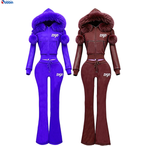 Conjunto de punto gofrado personalizado para mujer, atuendo de manga larga con ribete de piel, conjunto de chándal con chaqueta con cremallera y pantalón acampanado de pierna ancha - Product Image 3