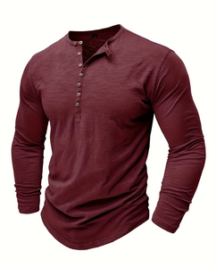 Men's Long Sleeve Henley T-Shirt Solid Maroon Knitted Slim Fit Casual Regular Length Button-Up made in Bangladesh - Product Image 1