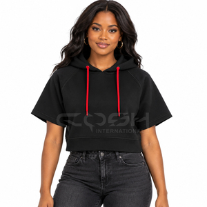 Cosh International Sorority Sisterhood Black Cropped Hoodie With <b>Red</b> Drawstrings Short Sleeve Pullover Hooded <b>Sweatshirt</b> Hoodie - Product Image 3