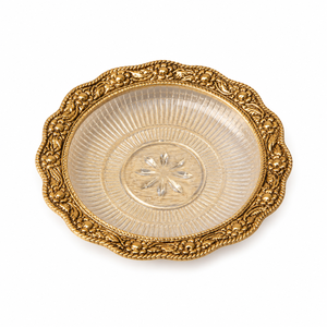 Assiette décorative en métal doré gravé de luxe avec centre en verre |   Plateau de service rond écologique pour la décoration de la maison et les cadeaux - Product Image 1
